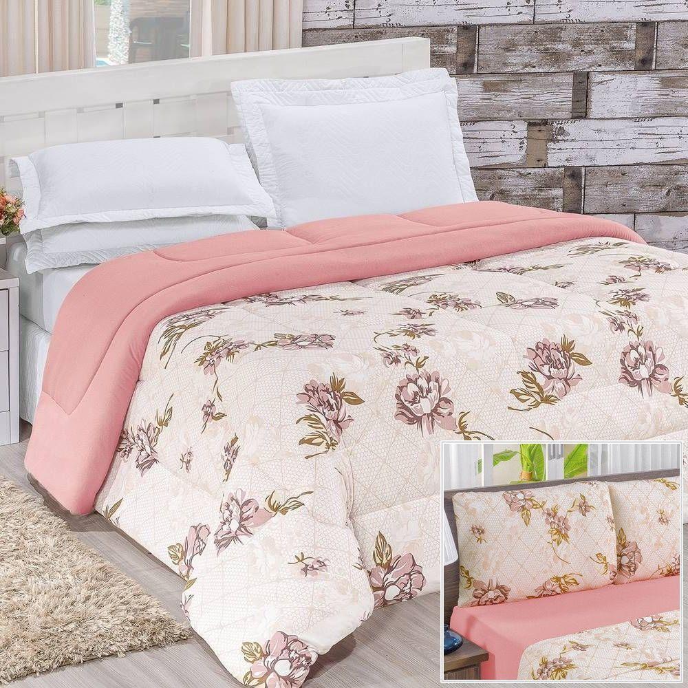 Edredom 2,60m X 2,40m + Jogo De Cama Malha Quality King 05 Peças 100% Algodão - Rosê - 1