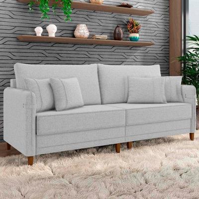Sofá 3 Lugares Living 192cm Pé Madeira Zoe Linho Cinza Claro Z08 - Mpozenato