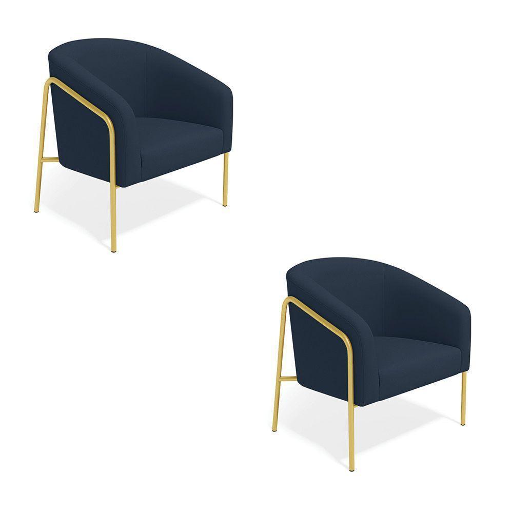 Poltrona Sala Industrial Alta Dourado Kit 2 Stella Suede Azul M D03 - D'rossi - 2