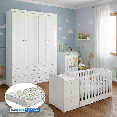 Berço Multifuncional Atlanta E Guarda Roupa Mississipi 4 Portas Henn Ambiente Branco Fosco Com Colchão Gazin - Reller