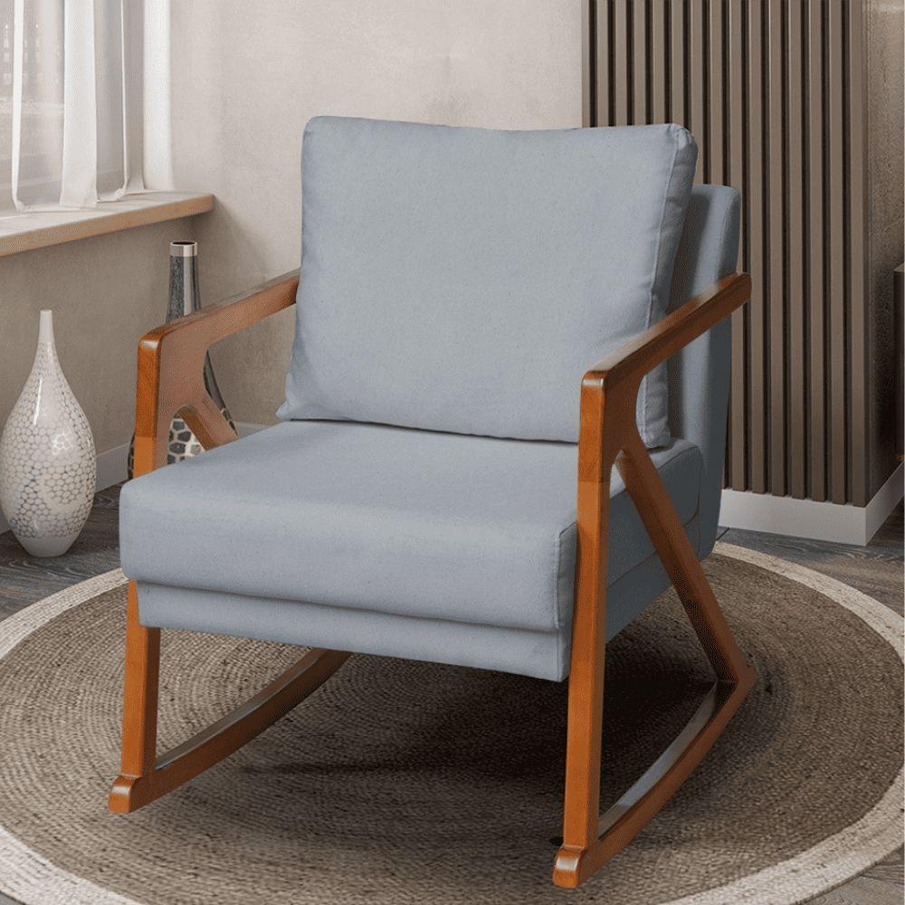 Poltrona Cadeira Balanço Amber Luxo Madeira Maciça Veludo Cinza Grafite- Mabe Magazine - 1