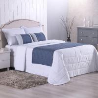 Cobre Leito Branco + Kit Peseira Matelado Copacabana Percal 300 Fios Queen 08 Peças 100% Poliéster - Branco/azul - 1