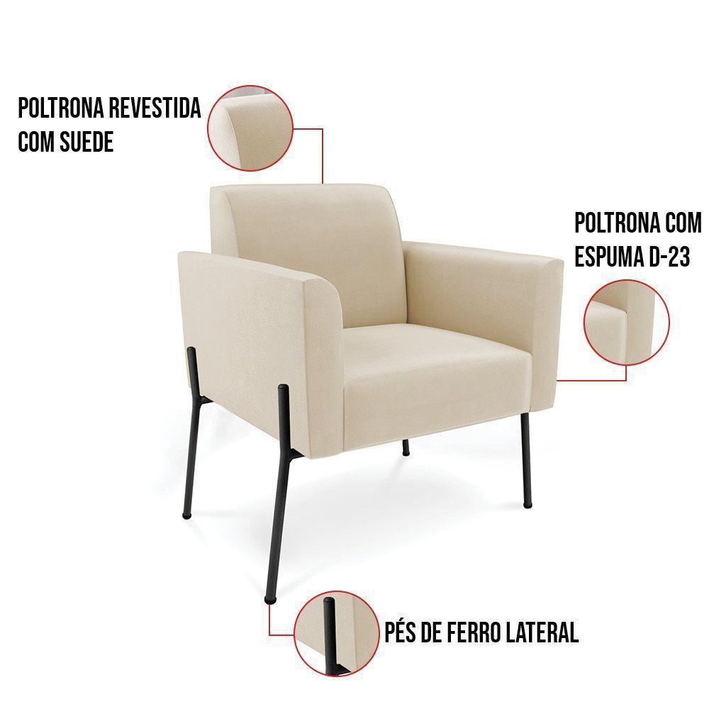 Poltrona Pé De Ferro Preto Para Sala Kit 2 Marisa Suede Bege - 3
