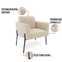 Poltrona Pé De Ferro Preto Para Sala Kit 2 Marisa Suede Bege - 3