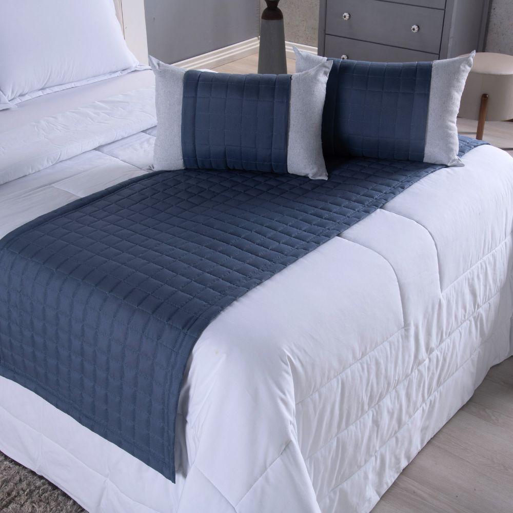 Cobre Leito Branco + Kit Peseira Matelado Copacabana Percal 300 Fios King 08 Peças 100% Poliéster - Branco/azul - 8