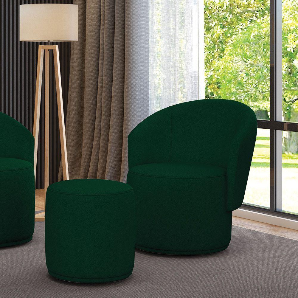 Poltrona E Puff Redondo Orgânico Para Sala Malu Bouclê Verde M11 - D'rossi - 1