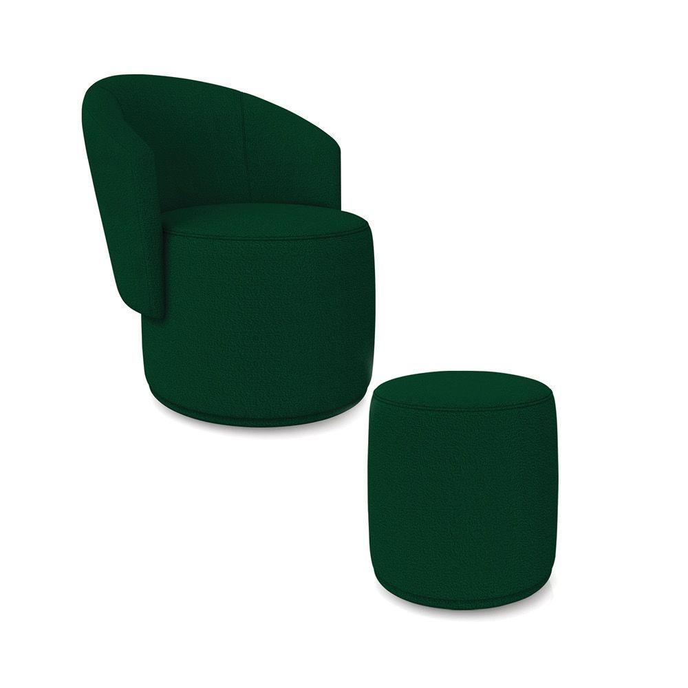 Poltrona E Puff Redondo Orgânico Para Sala Malu Bouclê Verde M11 - D'rossi - 2