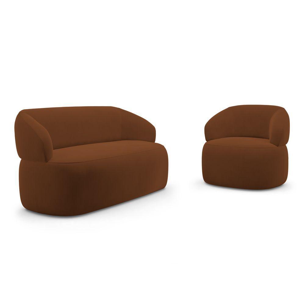 Kit Poltrona Giratória E Sofá Orgânico Living Glee 02 Lugares 140cm Veludo Terracota - Abmaza - 1
