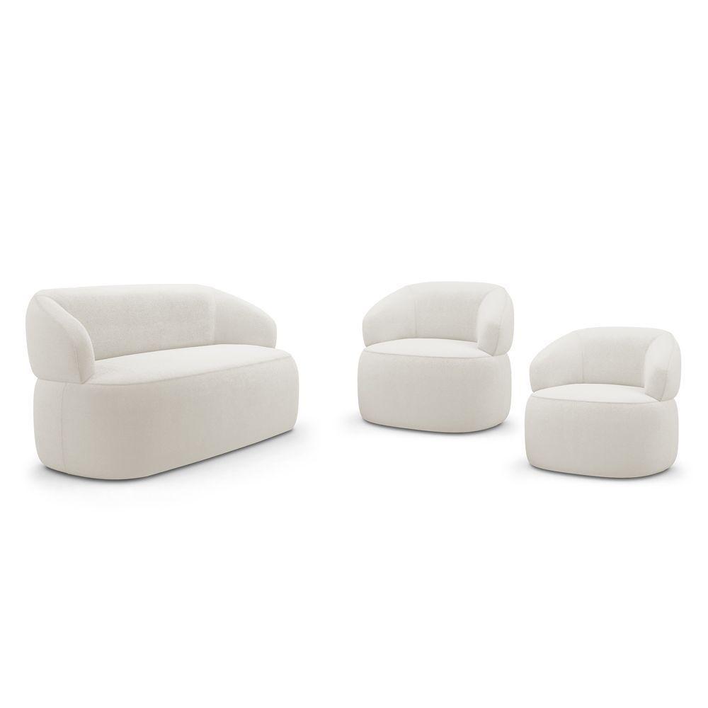 Kit 02 Poltronas Giratória E 01 Sofá Orgânico Glee 03 Lugares 170cm Bouclê Off White - Abmaza - 1