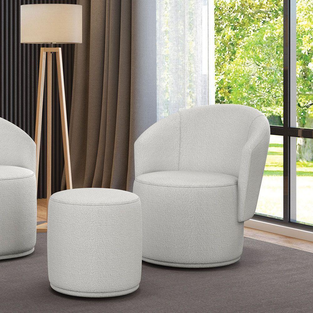 Poltrona E Puff Redondo Orgânico Para Sala Malu Bouclê Cinza M11 - D'rossi - 1