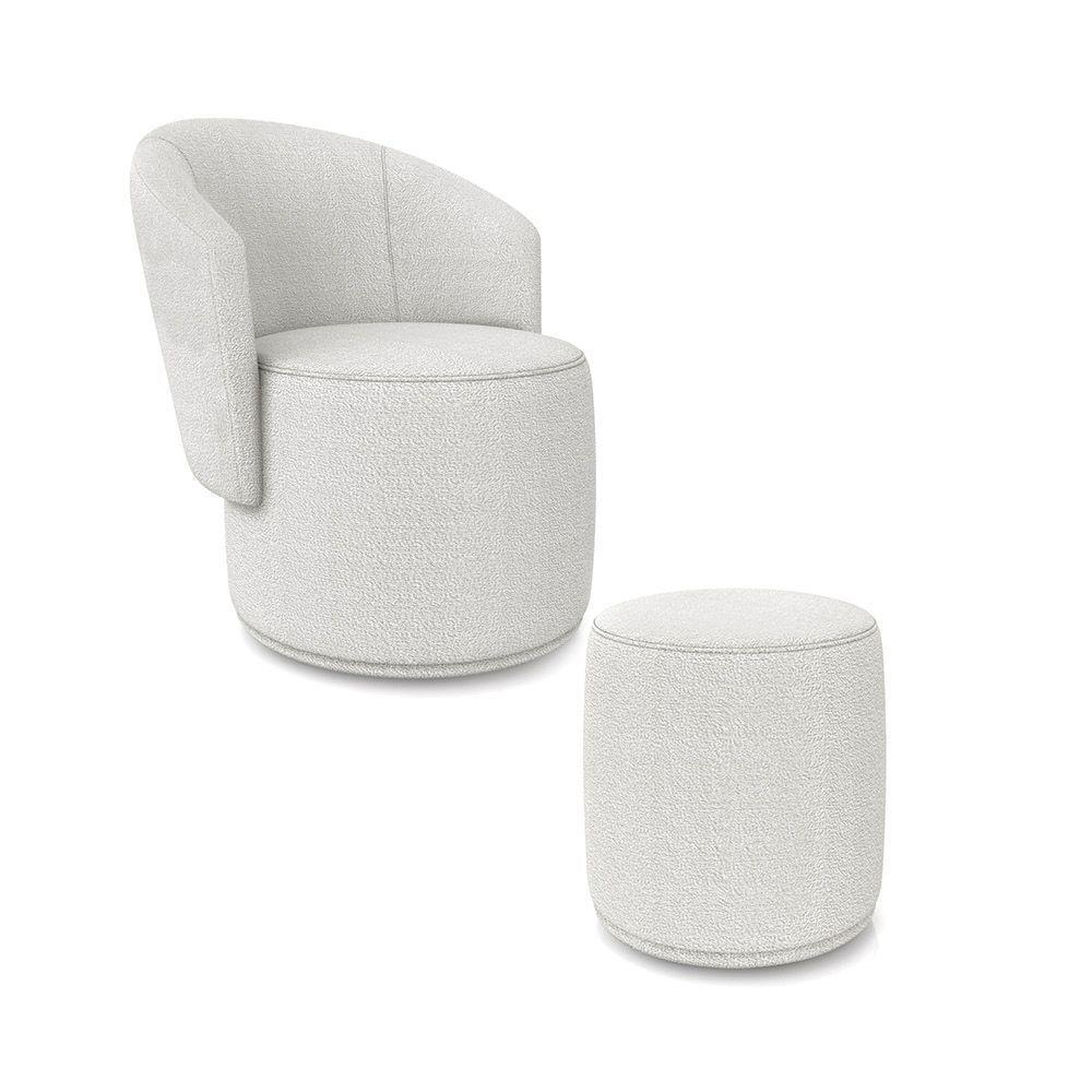 Poltrona E Puff Redondo Orgânico Para Sala Malu Bouclê Cinza M11 - D'rossi - 2