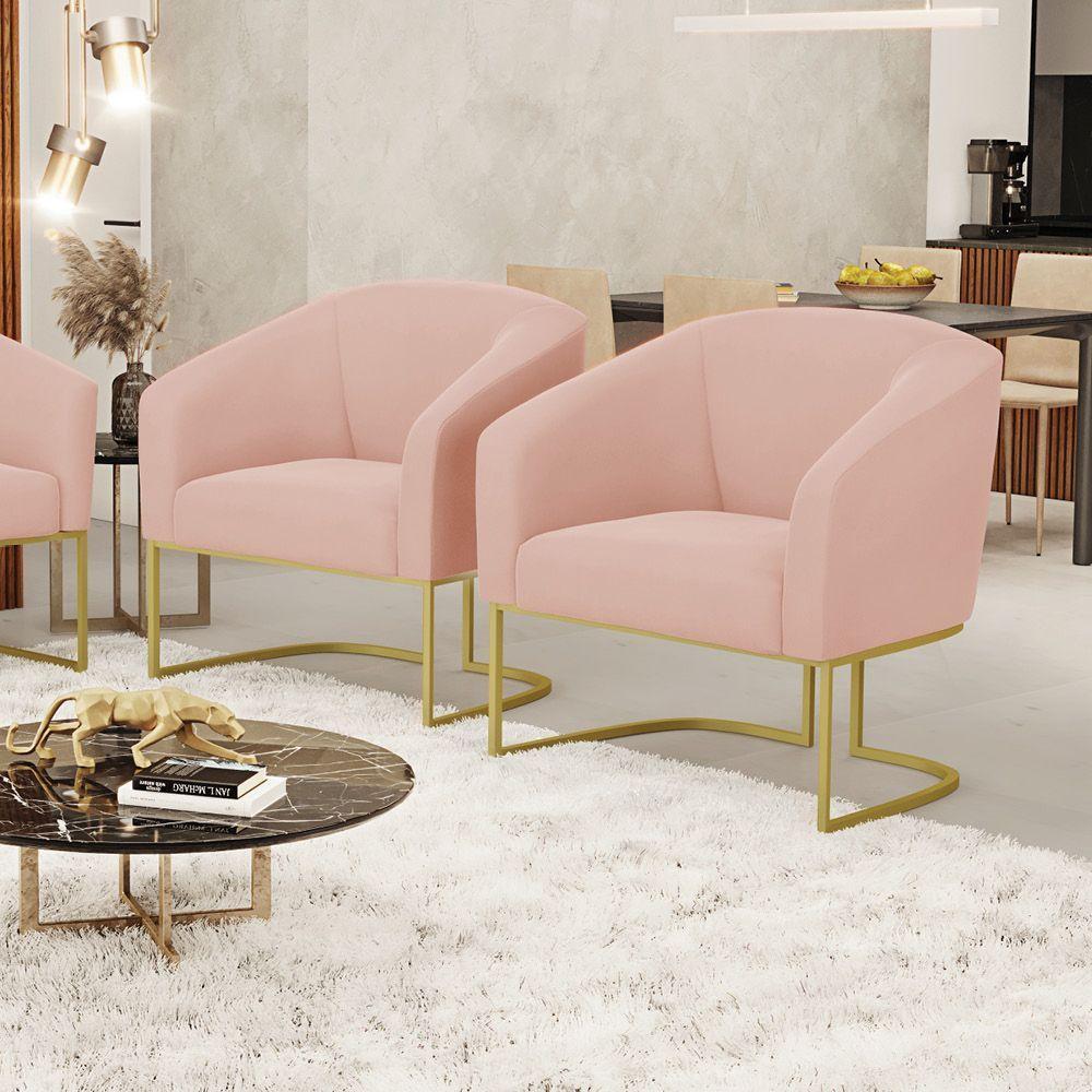 Poltrona Decorativa Industrial Dourado Kit 2 Stella Veludo Rosê D03 - D'rossi - 1