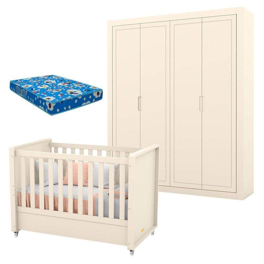 Berço Americano Guarda Roupa Tutto New 4 Portas Off White E Colchão - Matic - 1