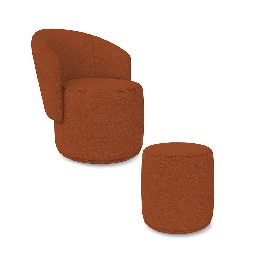Poltrona E Puff Redondo Orgânico Para Sala Malu Bouclê Terra M11 - D'rossi - 2