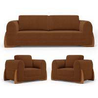 Kit 02 Poltronas E 01 Sofá Bloom 220cm 03 Lugares Com Pés De Madeira Bouclê Terracota - Abmaza - 1