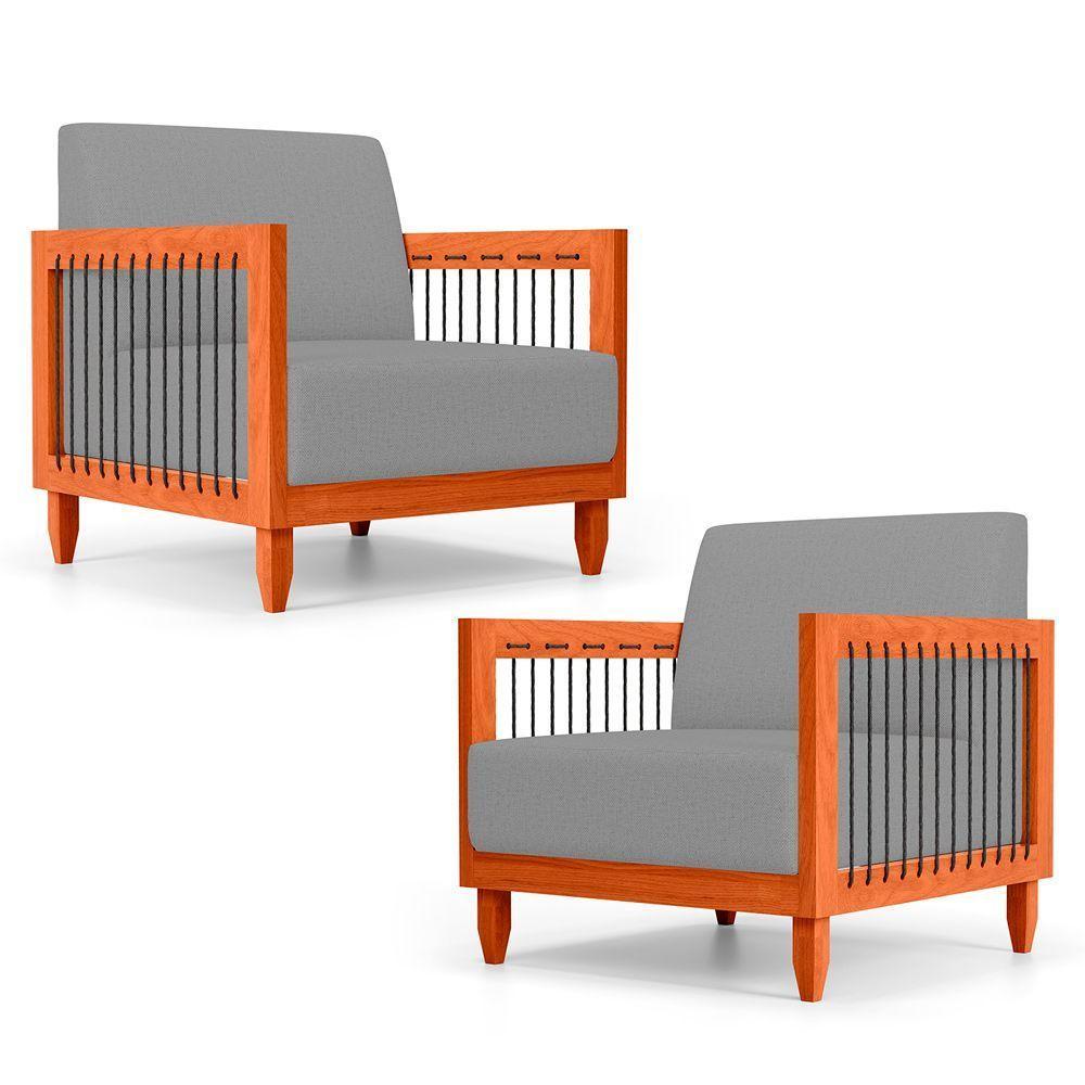 Kit 02 Poltronas Varanda Samoa Madeira Maciça Com Cordas Náutica Linho Cinza - Abmaza - 1