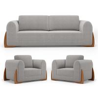 Kit 02 Poltronas E 01 Sofá Bloom 160cm 02 Lugares Com Pés De Madeira Bouclê Cinza - Abmaza - 1