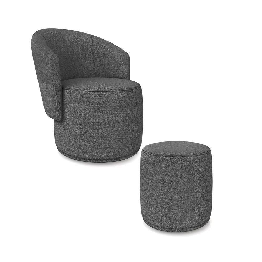 Poltrona E Puff Redondo Orgânico Para Sala Malu Bouclê Grafite M11 - D'rossi - 2