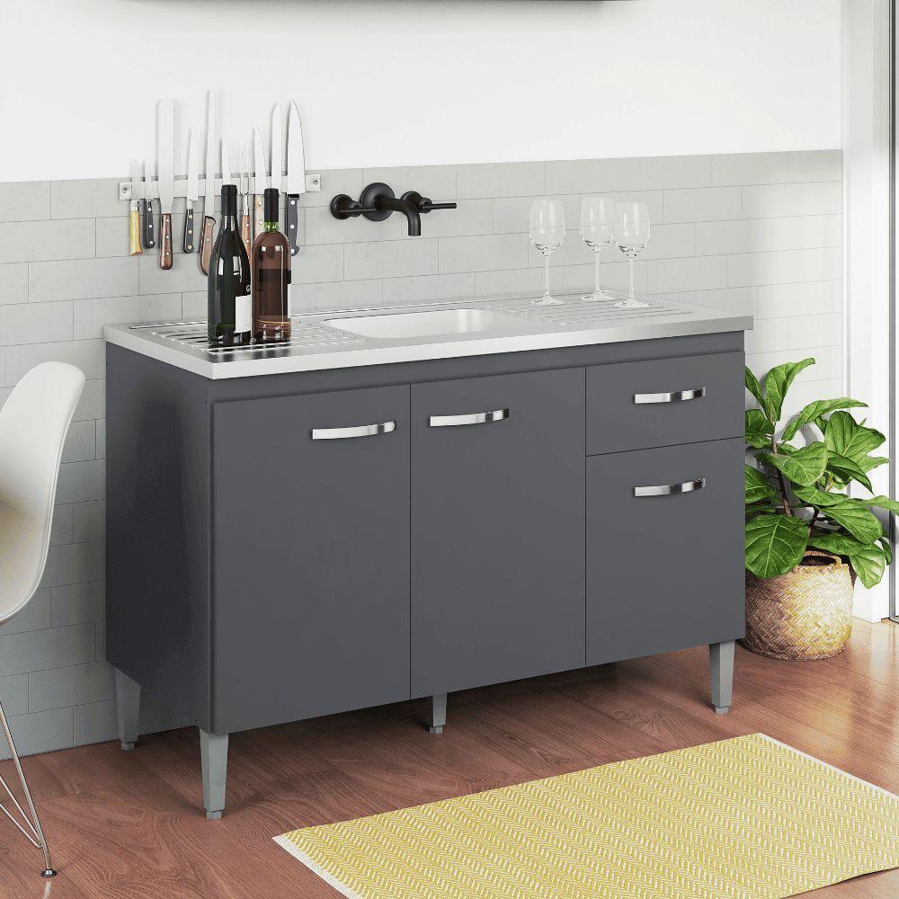 Balcão Gabinete De Pia Cozinha Multiuso 120cm Sem Tampo Gabriela Cinza Fosco- Mabe Magazine - 1