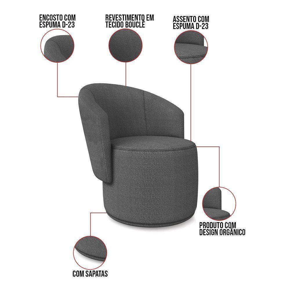 Poltrona Decorativa Orgânica Fixa Para Sala Kit 2 Malu Bouclê Grafite M11 - D'rossi - 3