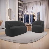 Kit Poltrona Giratória E Sofá Orgânico Living Glee 03 Lugares 170cm Bouclê Grafite - Abmaza - 2