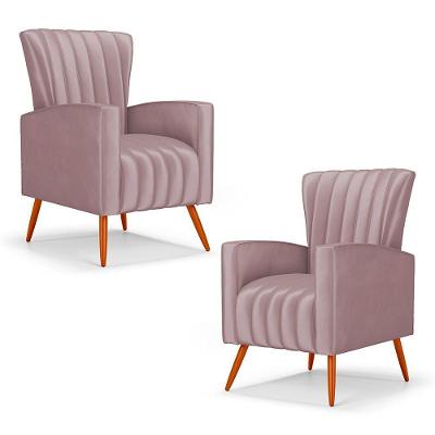 Kit 02 Poltronas Decorativas Melody Com Pés Palito Veludo Rosê - Abmaza