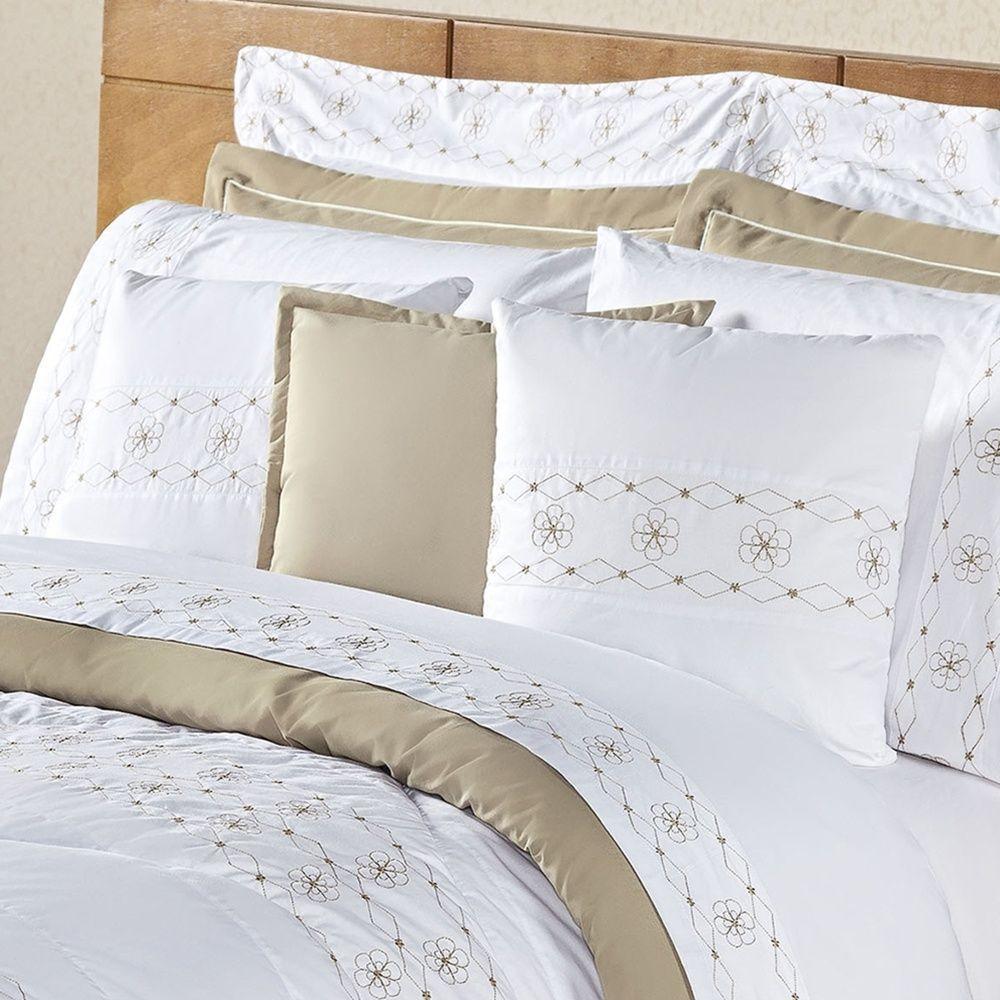 Edredom + Jogo De Cama 200 Fios Damasco Queen 15 Peças 100% Poliéster - Branco/bege - 2