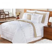 Edredom + Jogo De Cama 200 Fios Damasco Queen 15 Peças 100% Poliéster - Branco/bege