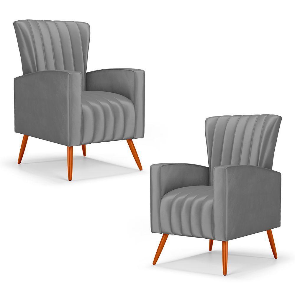 Kit 02 Poltronas Decorativas Melody Com Pés Palito Suede Cinza - Abmaza - 1