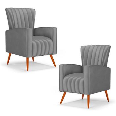 Kit 02 Poltronas Decorativas Melody Com Pés Palito Suede Cinza - Abmaza