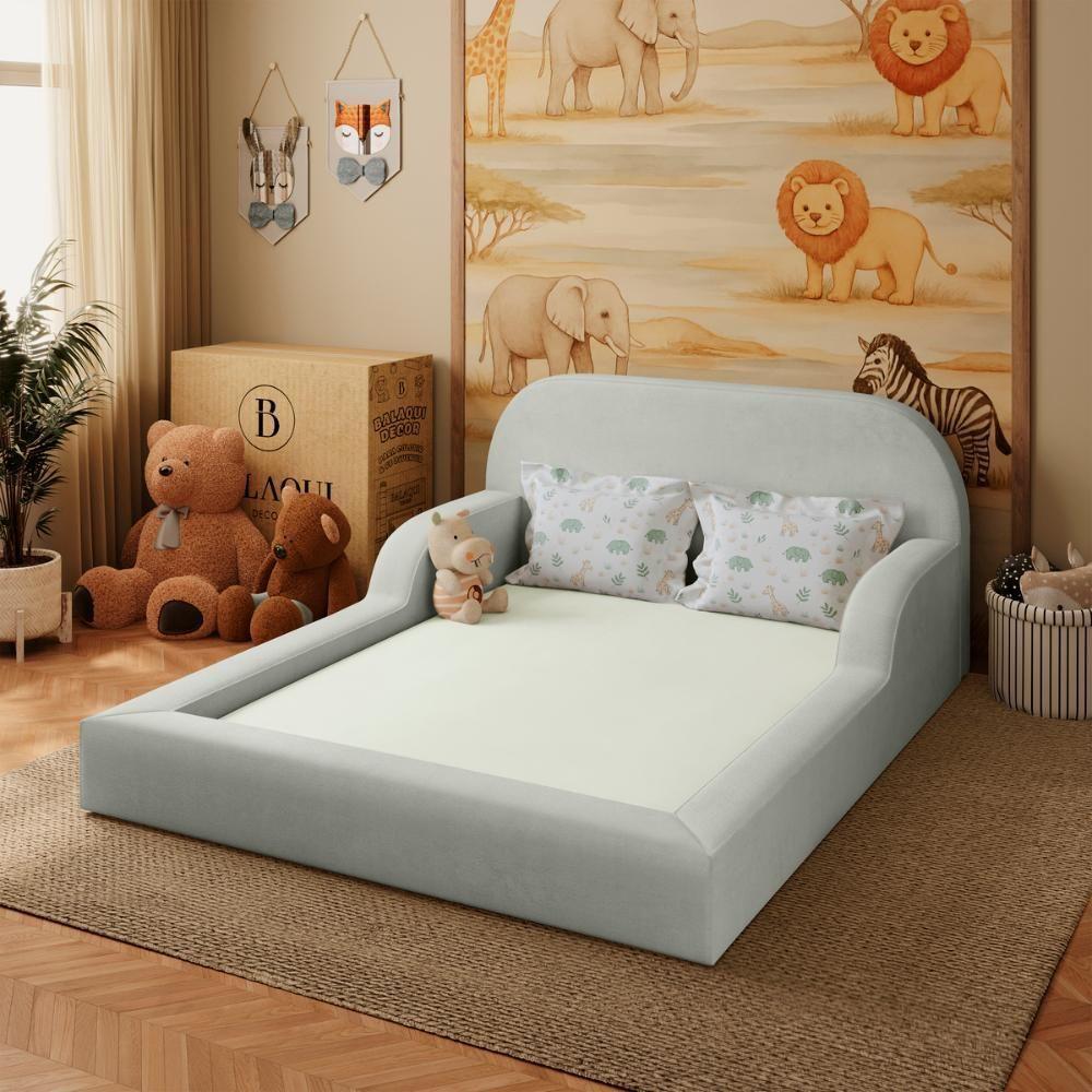 Cama Colchão Casal Montessoriana Infantil Proteção Lateral Cinza Claro - 1