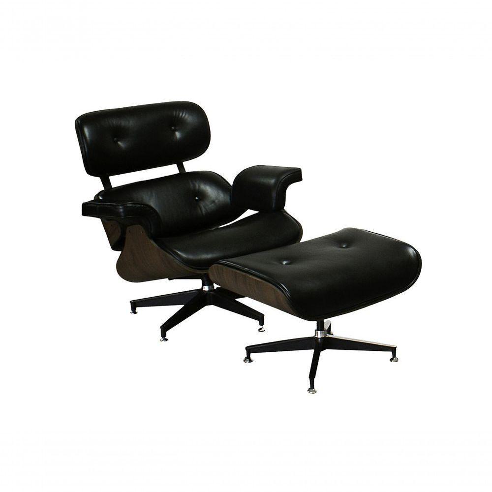 Poltrona De Couro Com Puff Charles Eames Preto - 1