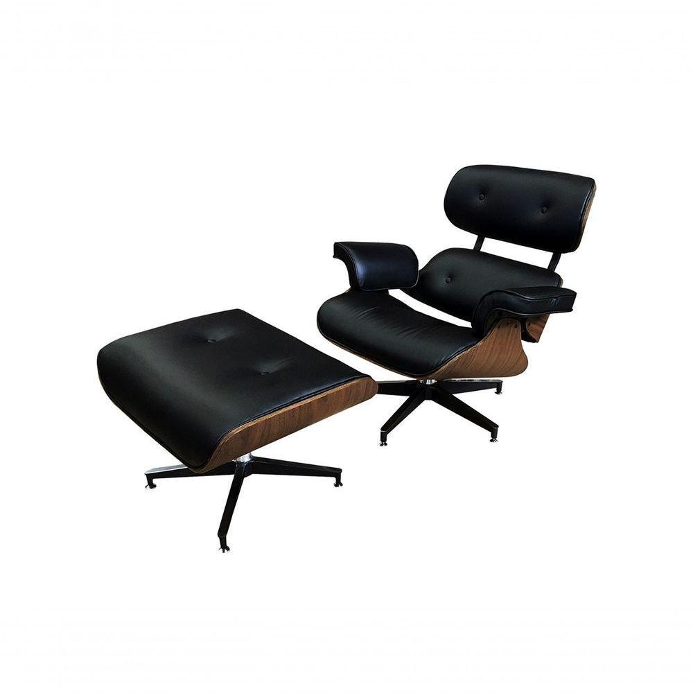 Poltrona De Couro Com Puff Charles Eames Preto - 2