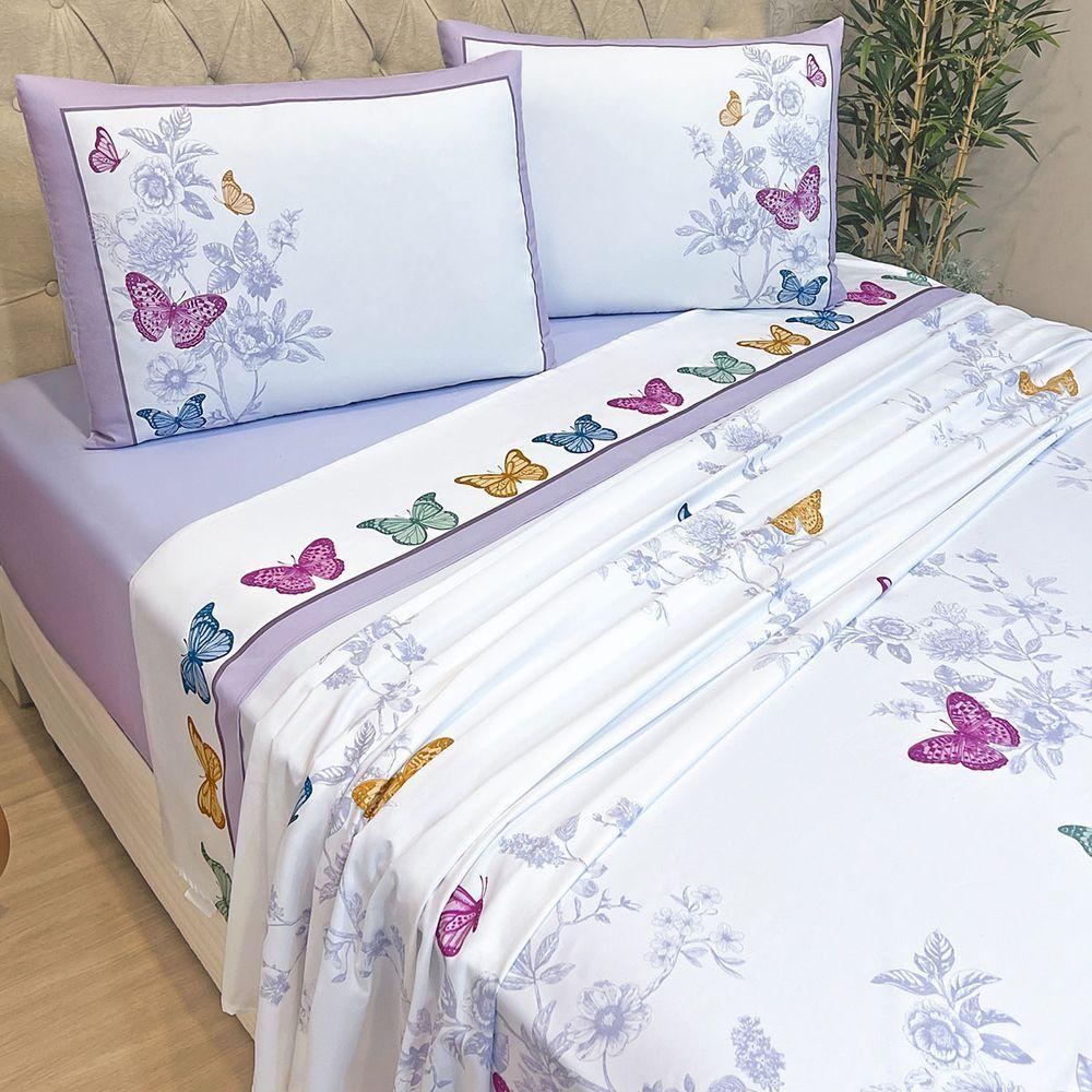 Jogo Cama Lençol Santorini Queen Estampapd Percal 300 Fios 4 Peças Borboletas Lilás - 100% Poliéster - 2