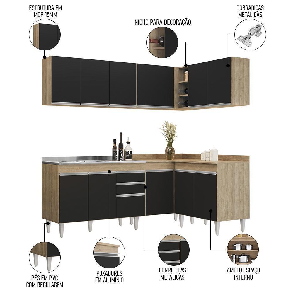 Armário De Cozinha Modulado De Canto 6 Peças Cp30 Com Pia Inox Castanho/preto - Lumil - 3