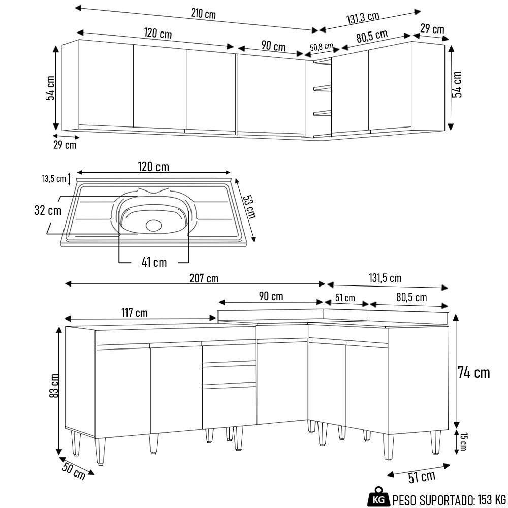 Armário De Cozinha Modulado De Canto 6 Peças Cp30 Com Pia Inox Castanho/preto - Lumil - 4