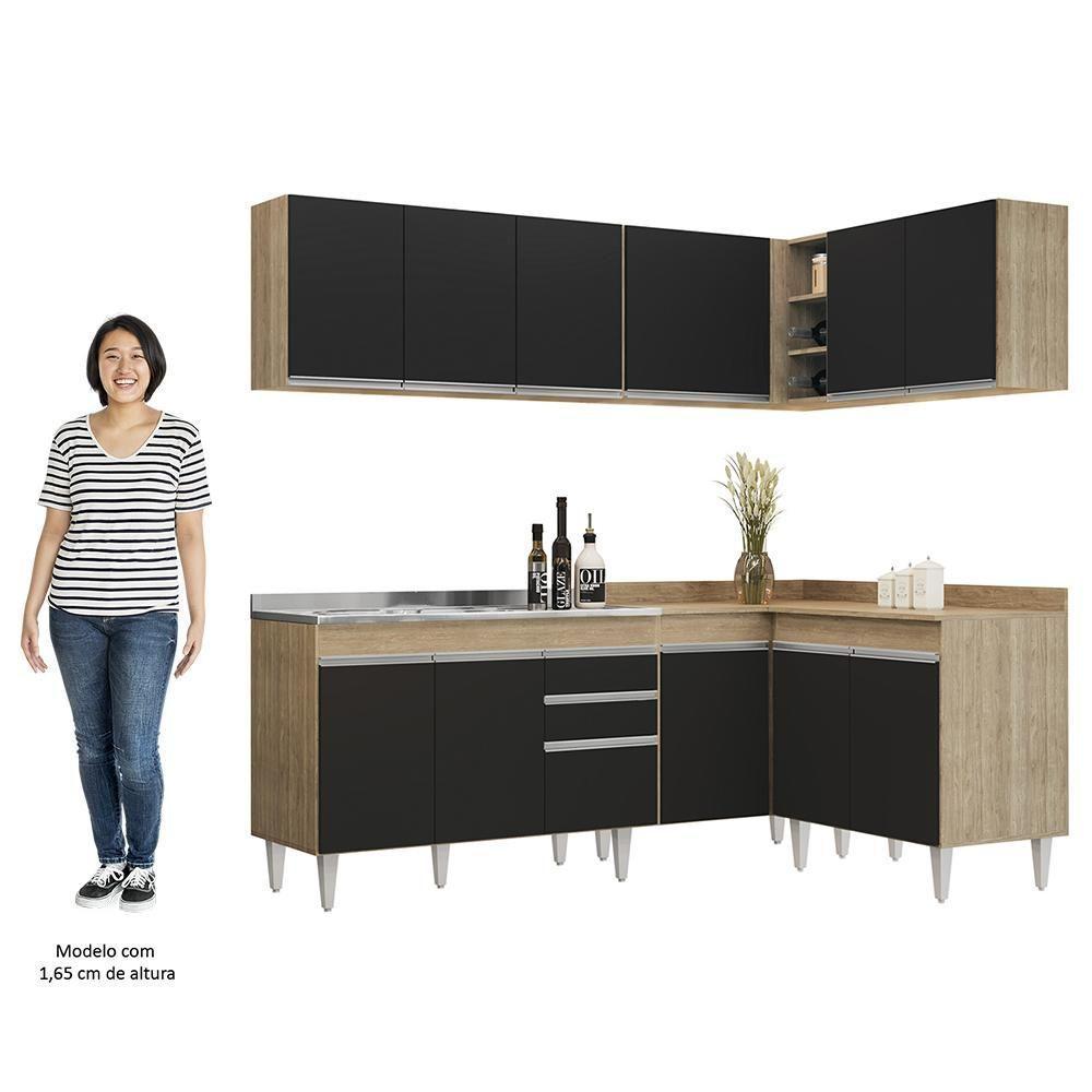 Armário De Cozinha Modulado De Canto 6 Peças Cp30 Com Pia Inox Castanho/preto - Lumil - 5