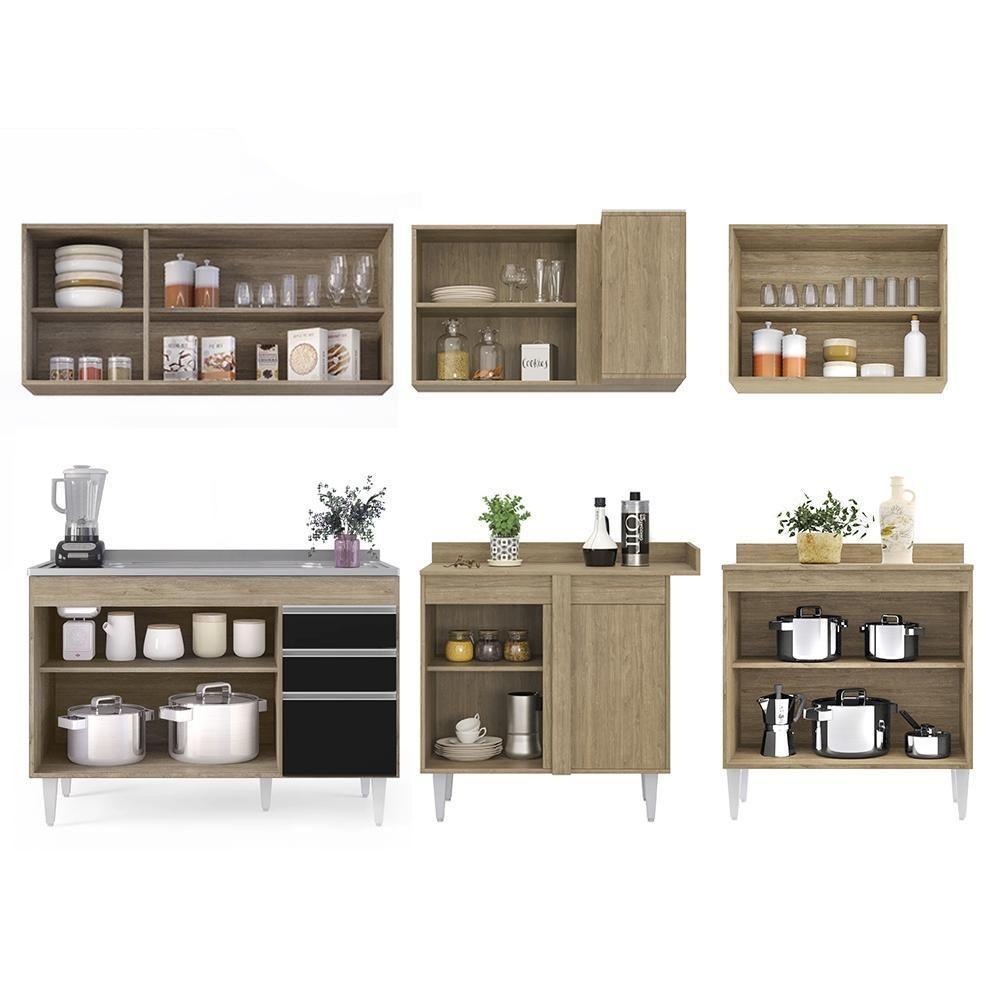 Armário De Cozinha Modulado De Canto 6 Peças Cp30 Com Pia Inox Castanho/preto - Lumil - 6