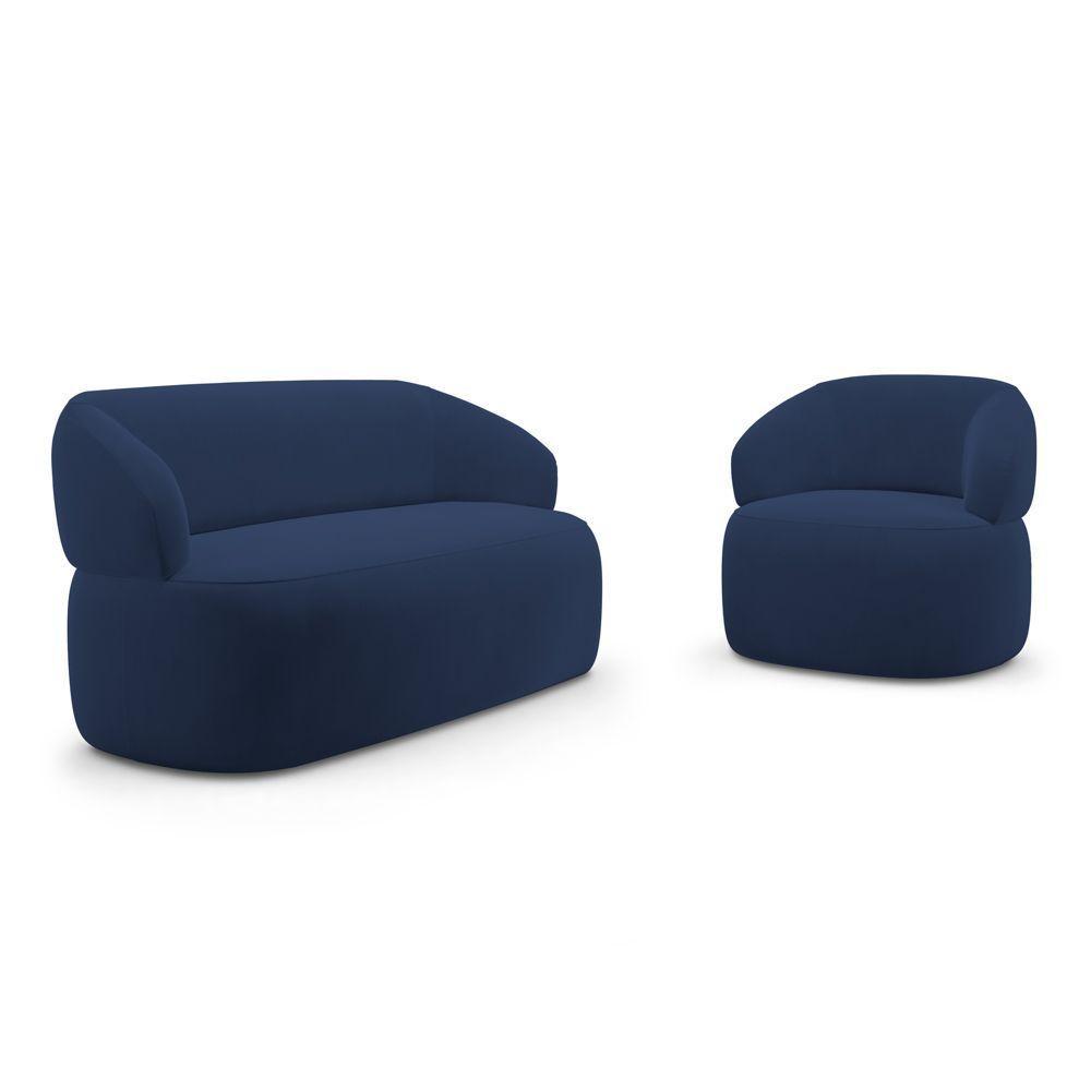 Kit Poltrona Giratória E Sofá Orgânico Living Glee 03 Lugares 170cm Veludo Azul Marinho - Abmaza - 1