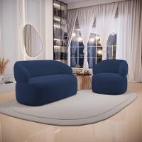 Kit Poltrona Giratória E Sofá Orgânico Living Glee 03 Lugares 170cm Veludo Azul Marinho - Abmaza - 2