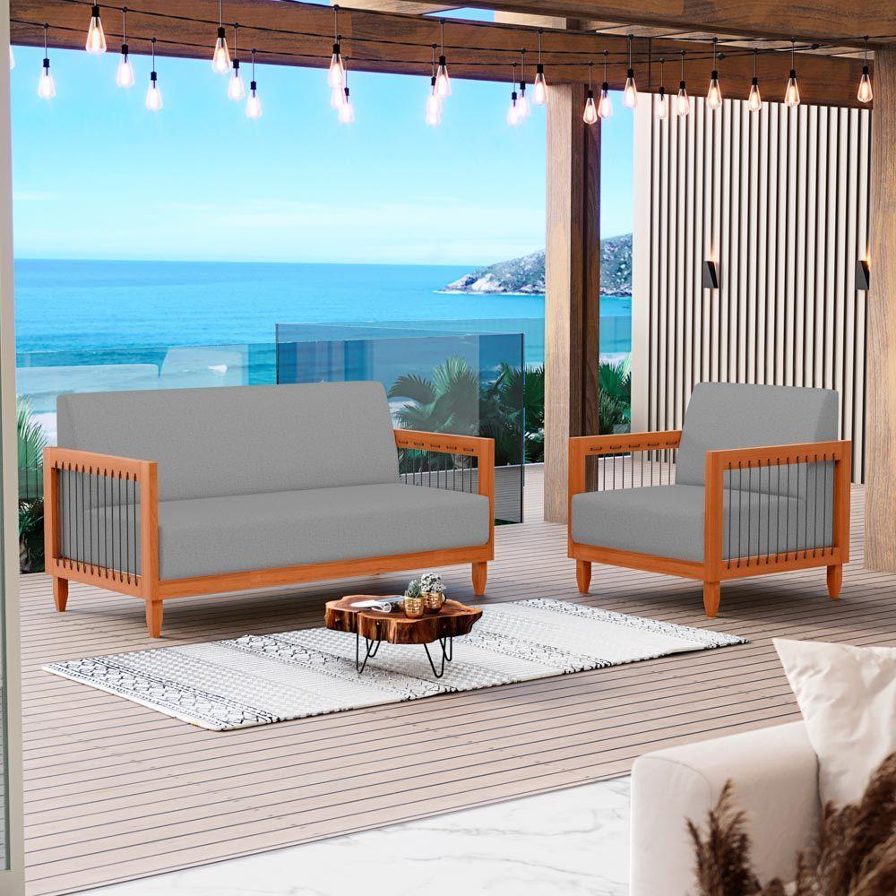 Kit Poltrona E Sofá Varanda Samoa Madeira Maciça Com Cordas Náutica Linho Cinza - Abmaza - 6