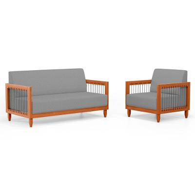 Kit Poltrona E Sofá Varanda Samoa Madeira Maciça Com Cordas Náutica Linho Cinza - Abmaza