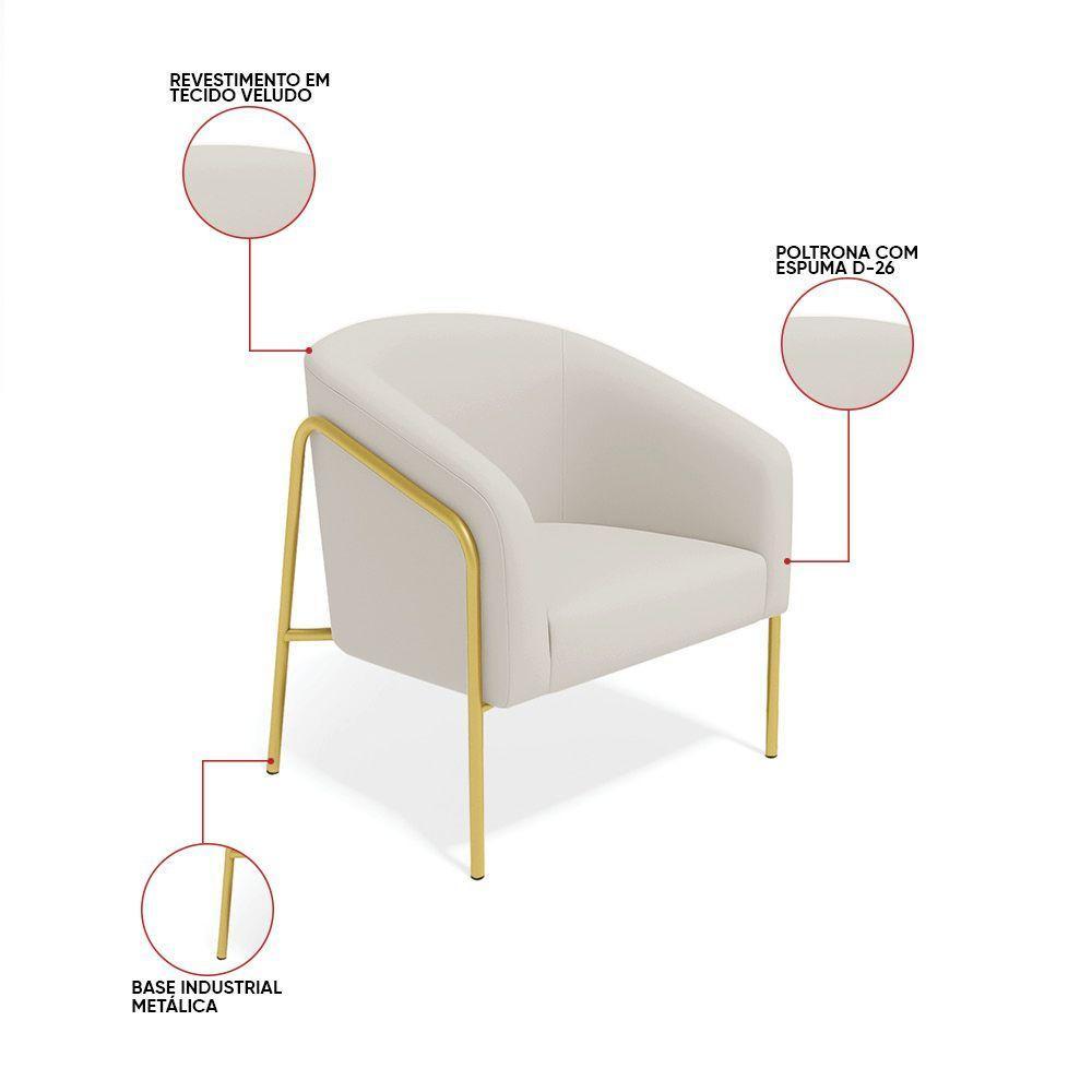 Poltrona Sala Industrial Alta Dourado Kit 2 Stella Veludo Cinza D03 - D'rossi - 3