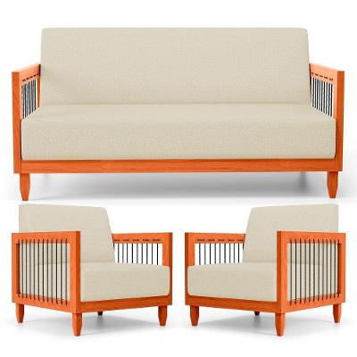 Kit 02 Poltronas E 01 Sofá Samoa Madeira Maciça Com Cordas Náutica Linho Pérola - Abmaza