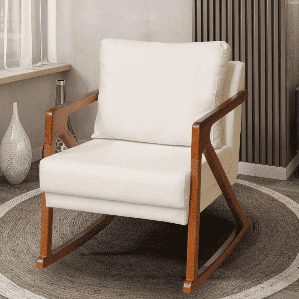 Poltrona Cadeira Balanço Amber Luxo Madeira Maciça Veludo Bege- Mabe Magazine - 1