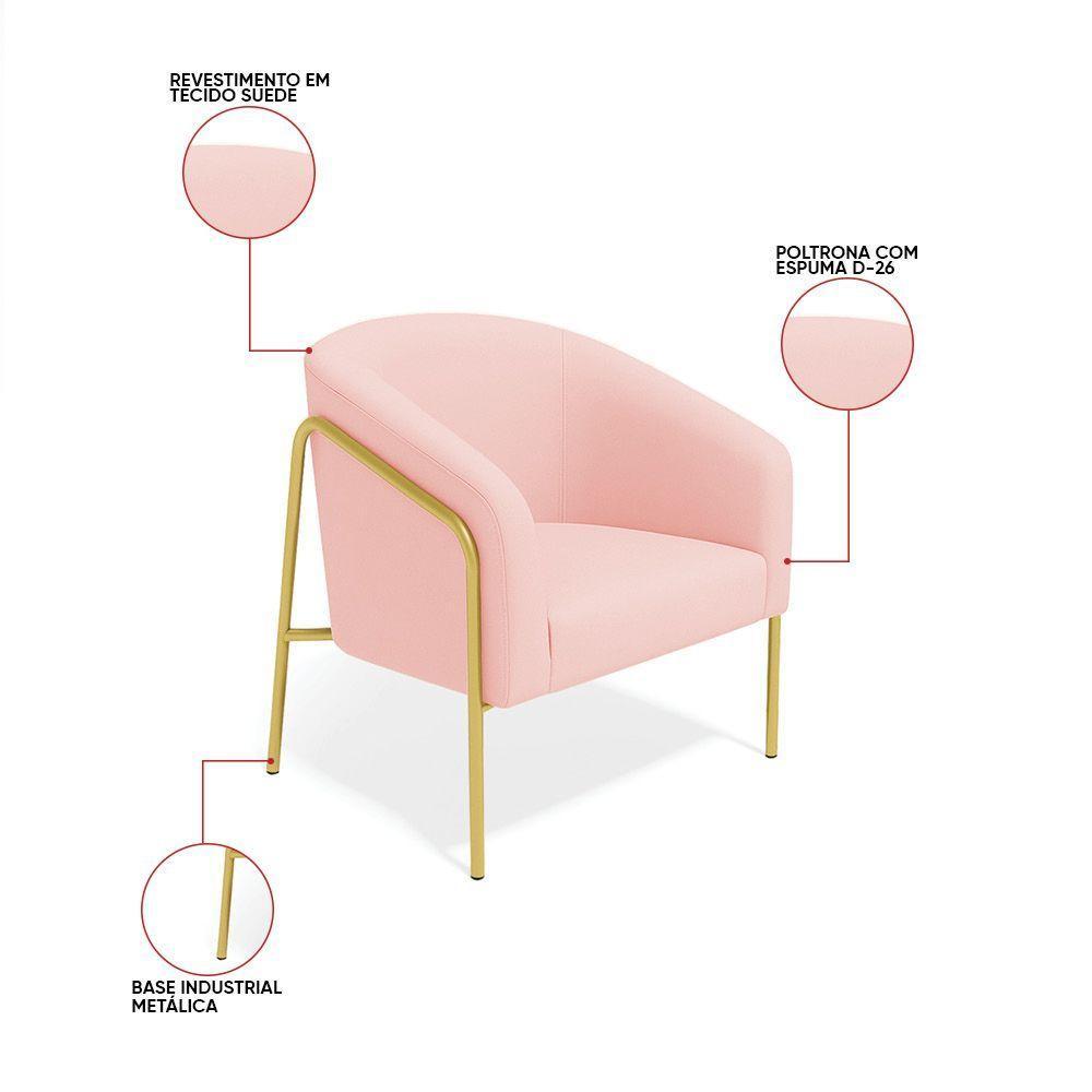 Poltrona Sala Industrial Alta Dourado Kit 2 Stella Suede Rosa Bebê D03 - D'rossi - 3