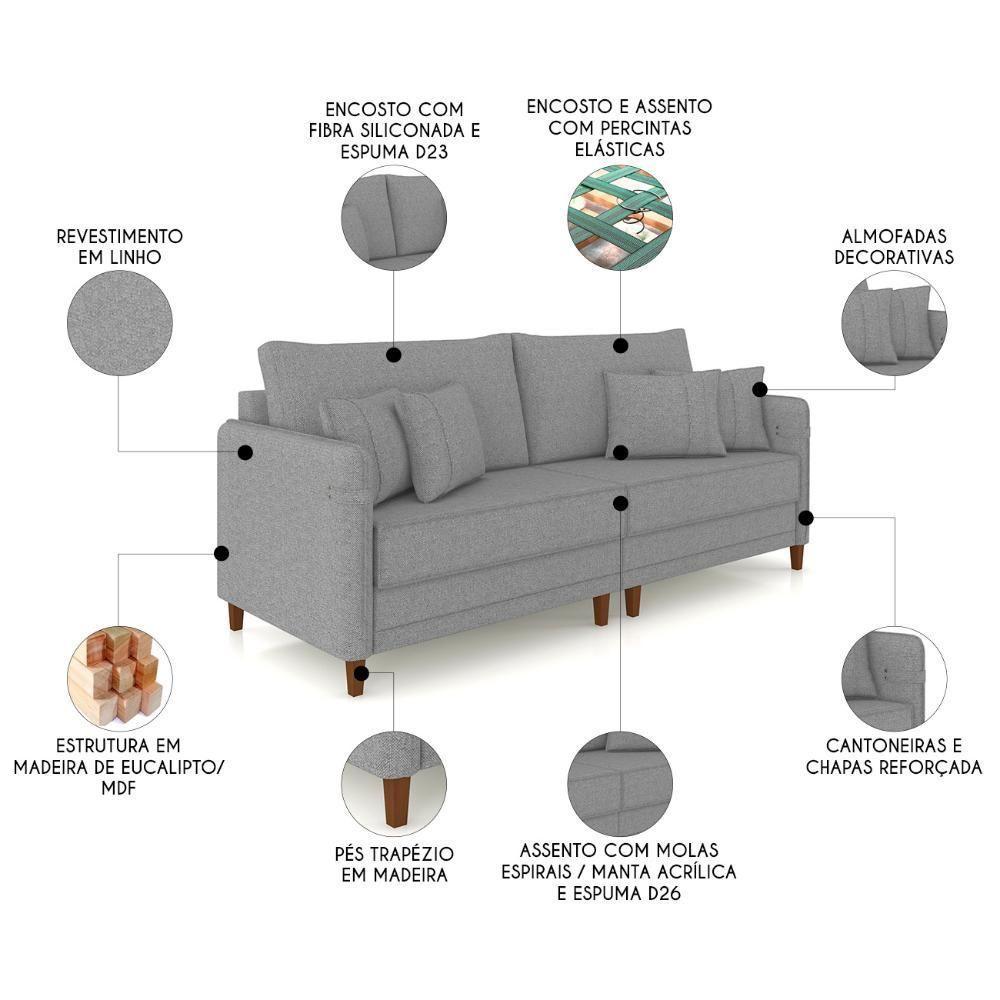 Sofá 4 Lugares Living 252cm Pé Madeira Zoe Linho Cinza Escuro Z08 - Mpozenato - 3