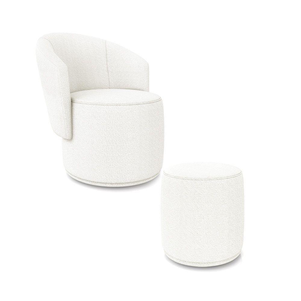 Poltrona E Puff Redondo Orgânico Para Sala Malu Bouclê Off White M11 - D'rossi - 2
