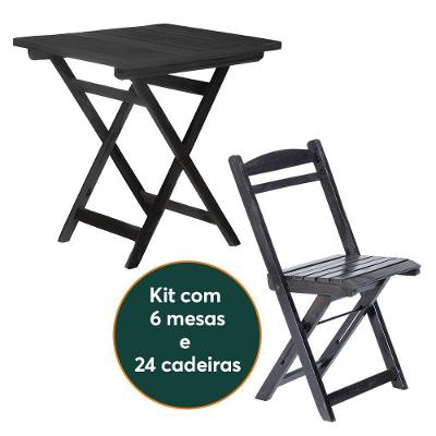 Kit 6 Mesas Dobráveis Com 24 Cadeiras 100% Madeira Maciça Ypê Preto