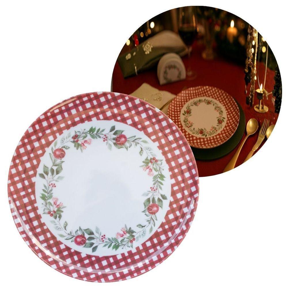 Prato De Jantar Natalino Melamina Folhagens, Azevinhos E Romã Borda Xadrez Bordô Fosco 27,5cm - 1